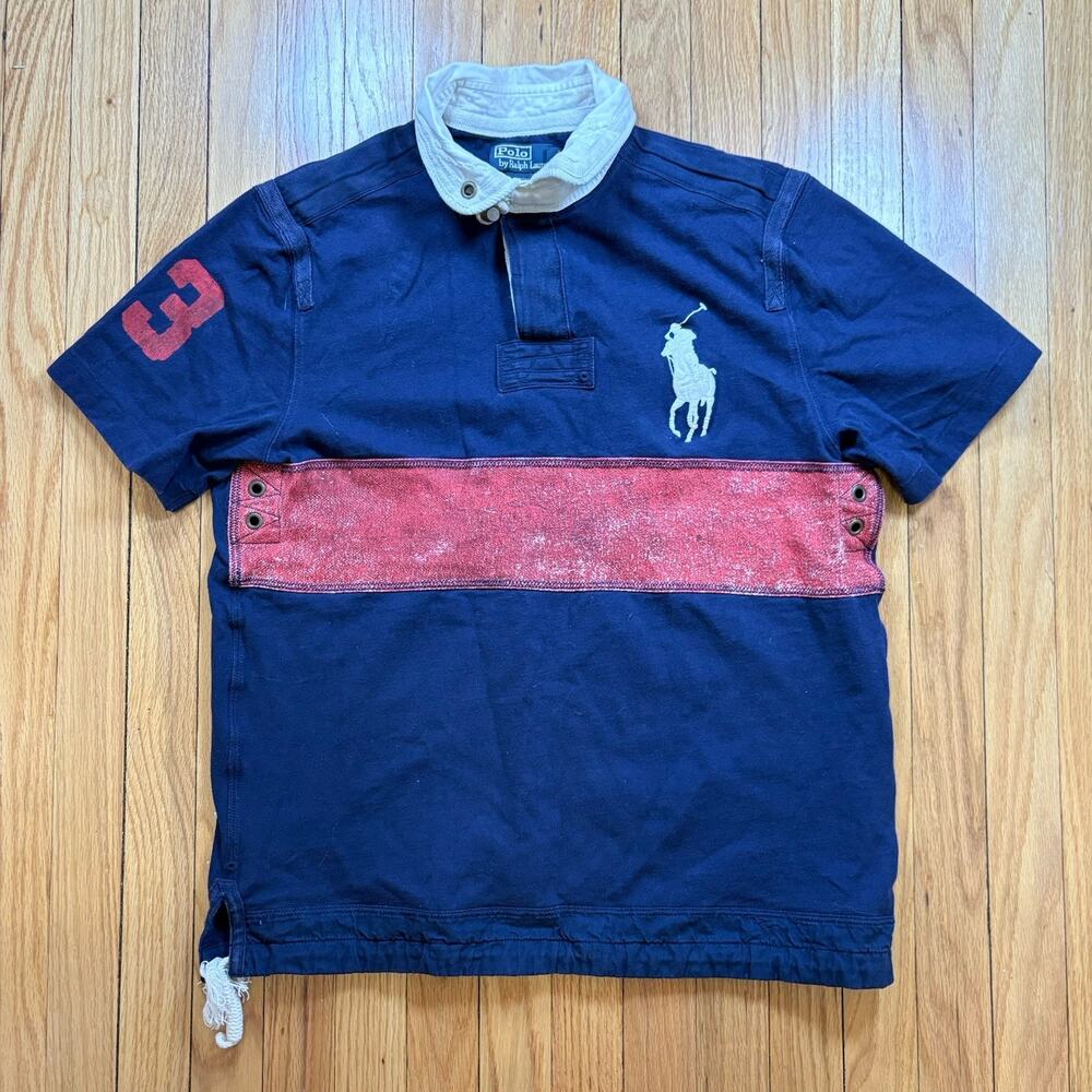 Vtg Polo Ralph Lauren Large Heavyweight Blue Short Sleeve Rugby Shirt Big Pony